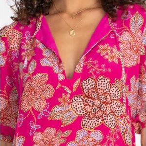 NWT Johnny Was Vesna Mini Dress Hot Pink Floral Print Silk Tassel Tie Tunic -m